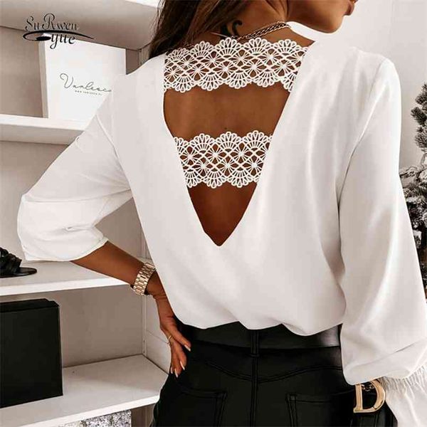 

hollow lace stitching shirt fashion spring and autumn long-sleeve v-neck chic back korean office white blouse 12460 210421