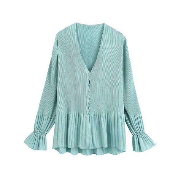 

women's clothing wholesale and elegant temperament of fund 2021 autumn v-neck long-sleeve pleated blouse jacket blouses & shirts, White