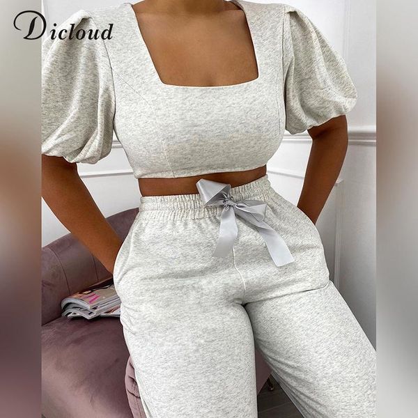 

women's tracksuits dicloud fashion two piece set puff sleeve cropped and high waist ribben elastic cargo pants long casual streetwear, Gray