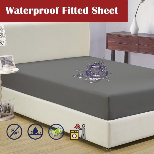

sheets & sets polyester pongee waterproof fitted bed sheet solid pure color twin/full/queen/king watertight 6 colors