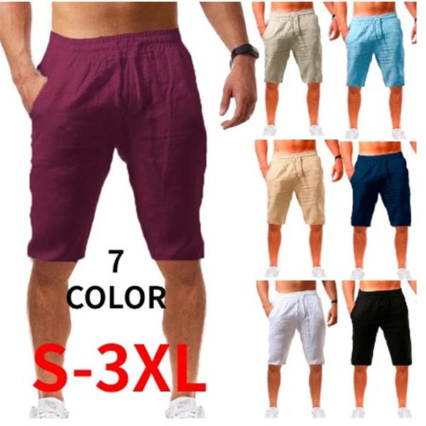 

men solid color breathable cotton linen drawstring mid rise short pants knee-length for running pantalones cortos, White;black