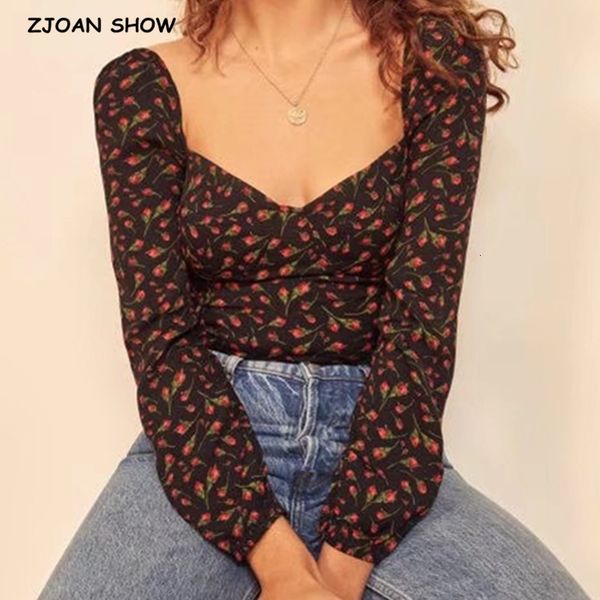 

women's blouses & shirts 2021 vintage france retro long puff sleeve red rose print shirt women black slim waist short blouse girl', White