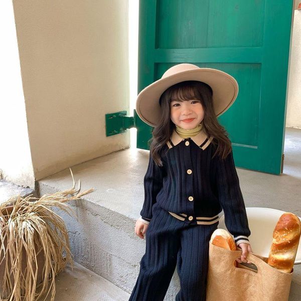 

clothing sets korean girls autumn suits knitted two-piece long-sleeved sweater cardigan with wide legging for baby toddler cloth, White