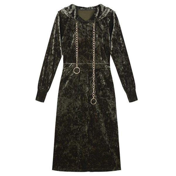 

casual dresses women autumn winter army green velvet dress metal chains drawstring hooded empire waist slit pockets long sleeves midi, Black;gray