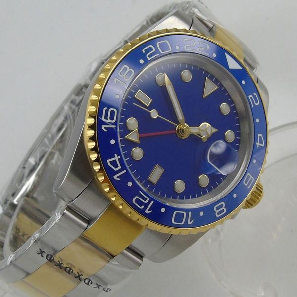 

wristwatches gold automatic men watch sapphire glass 40mm gmt hand date window mental strap ceramic bezel, Slivery;brown