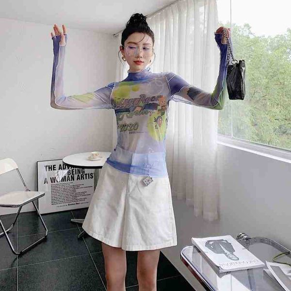 

women's t-shirt y2k mesh graphic t shirt long sleeve tee purple turtleneck women see through gradient print sheer aesthet d7af, White