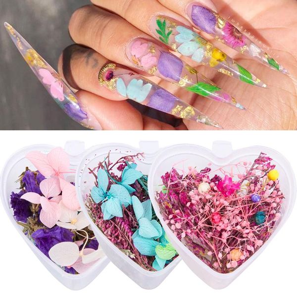 

nail art decorations 1 box mix dried flowers decoration colorful natural floral stickers 3d diy decals jewelry adhesive manicure tools, Silver;gold