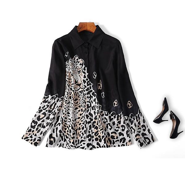 

women's blouses & shirts women black leopard animal print office lady long sleeve 100 silk chiffon blouse 2021 spring summer, White