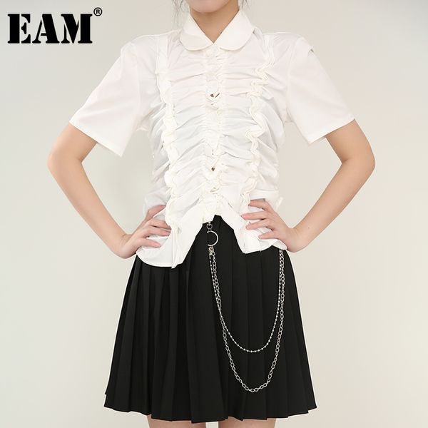 

[eam] women white pleated ruffles blouse lapel short sleeve loose fit shirt fashion spring summer 1w29000 210512