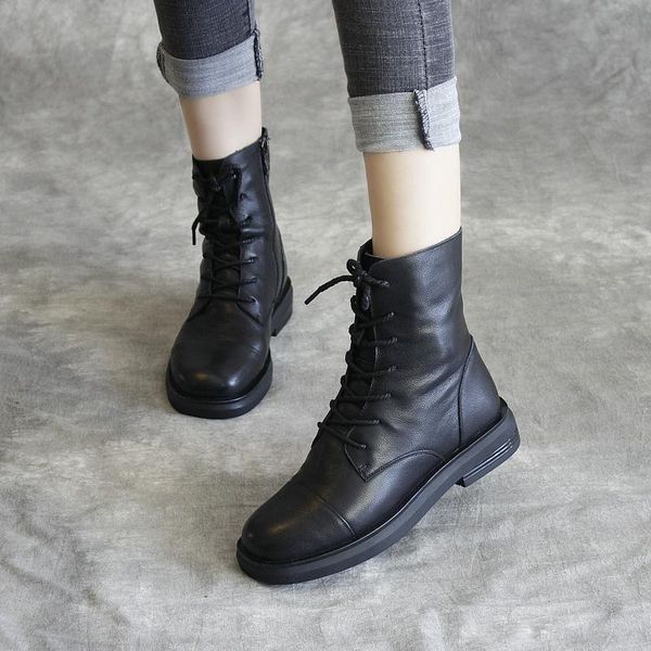

boots 2021 layer cowhide simple handmade leather booties female women winter, Black