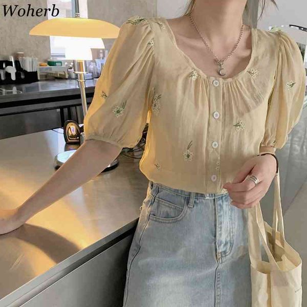 

korean blouse women summer embroidery floral hollow out shirt puff sleeve see through chic elegant white 210422