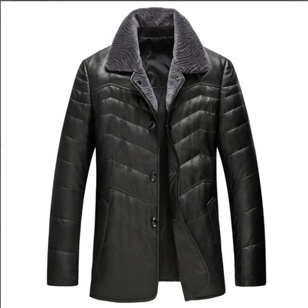 

men's leather & faux boollili winter genuine jacket for men sheepskin down real wool collar black coat man jaqueta couro