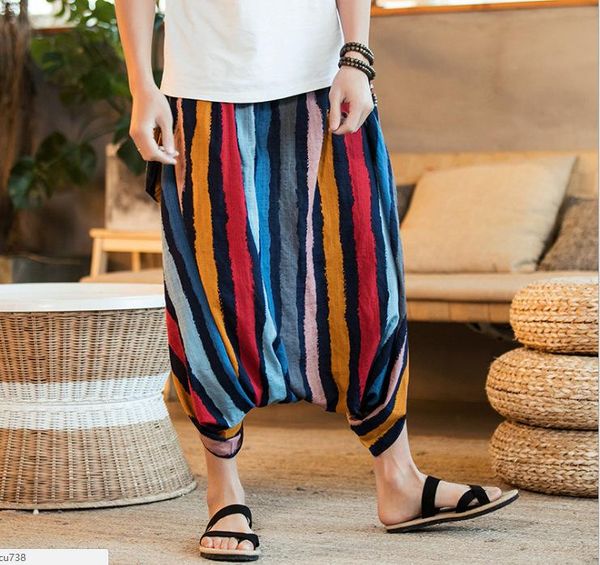 

spring summer plus size men's baggy pants wide leg big crotch hip hop striped nepalese nine-point harem, Black
