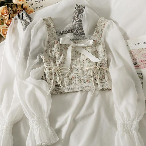 

women's blouses & shirts yornmona japanese autumn women floral print mesh patchwork shirt square collar lace up gothic crop female blu, White