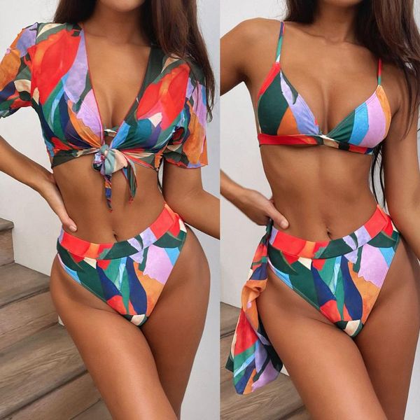 

women's swimwear high waist bikini 2021 three-pieces print swimsuit short sleeve v neck women cut bathing suit, White;black