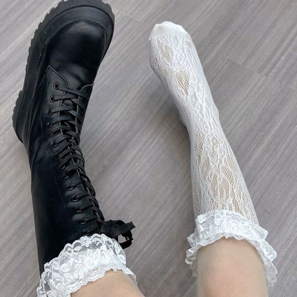 

female love sweet medium tube lace pile summer calf socks lolita, Black;white