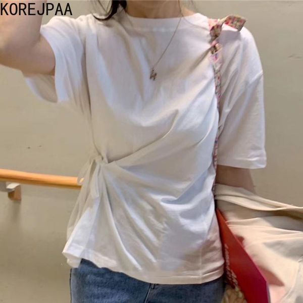 

women's t-shirt korejpaa women 2021 korean chic summer base round-neck side strap waist thin short-sleeved solid color tee female, White