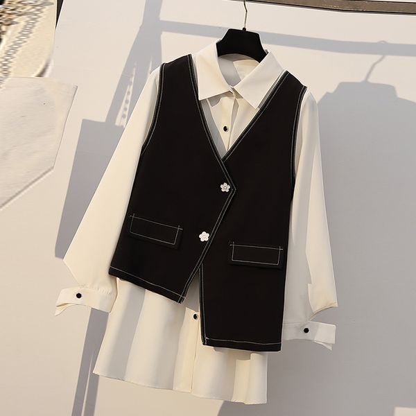 

blend sell high street 2021 asymmetrical female fashion flower black button vest long white blouse 2 pieces together
