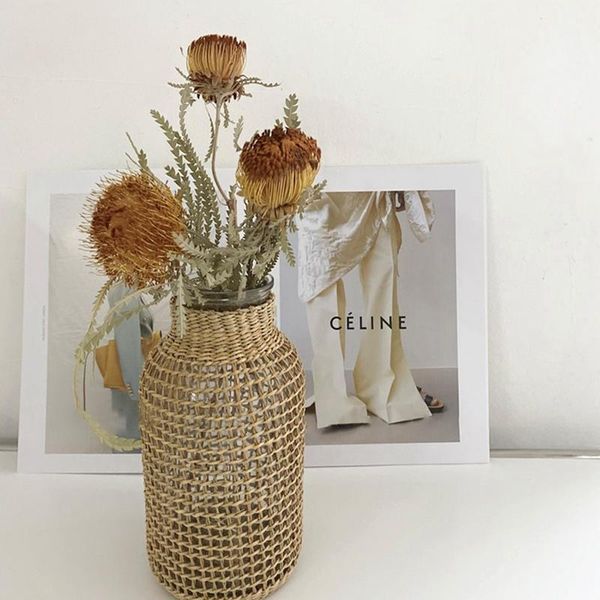 

straw woven glass vases contracted creative flower basket hydroponic plant dried vase nordic terrarium home decor