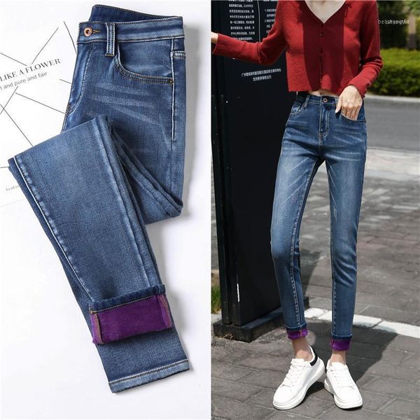 

winter thick women warm skinny jeans simple stretch plus velvet fleece female high waist denim pencil pants size women's, Blue