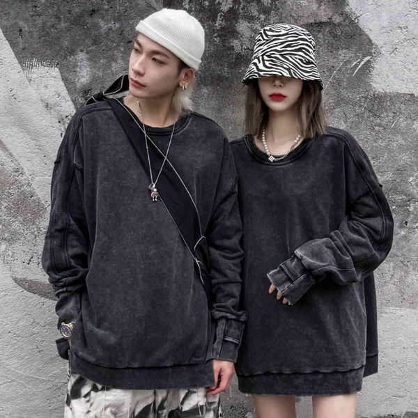 

sweatshirts solid color washed old round neck sweater mens wind hem slit loose long sleeve t-shirt hoodless pullover hoodie, Black