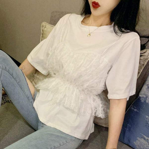 

women's t-shirt women lace korean summer 2021 short sleeve o-neck loose casual white female patchwork high waist fake two piece tee