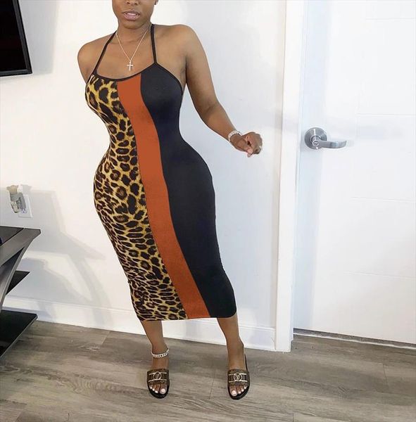 

chocomist strap skinny patchwork womens dress leopard party night club wear women midi, Black;gray