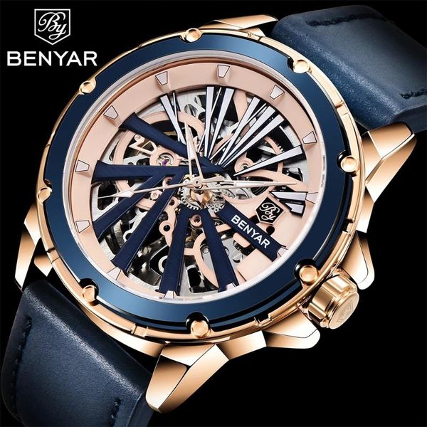 

wristwatches 2021 men's watch benyar automatic mechanical wristwatch fashion leather strap waterproof, Slivery;brown