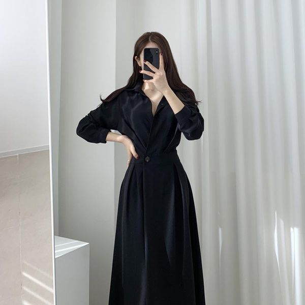 

one-piece korean style 2021 spring autumn women chic dress design niche turn-down collar solid color casual long dresses, Black;gray