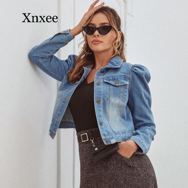 

women's jackets 2021 spring puff sleeve crop denim women turn down collar buttons frayed ripped hole jean coat pockets bomber jacket, Black;brown