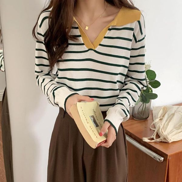 

women's sweaters autumn winter striped knitted pullovers turn-down collar long sleeve korean sweater soft warm jumper pull femme 2021, White;black