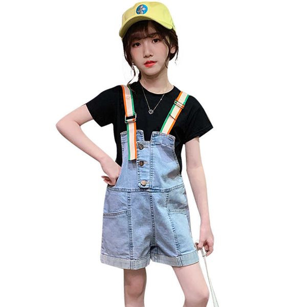 Big Kids Roupas Set Retalhos Menina Tshirt + Jumpsuit 2pcs Outfit Summer Kid 6 8 10 12 14 210528
