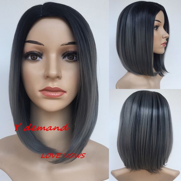 12 inç moda yeni düz kısa Ombre gri peruk simülasyon brezilyalı insan saçı siyah kadınlar için tam peruk