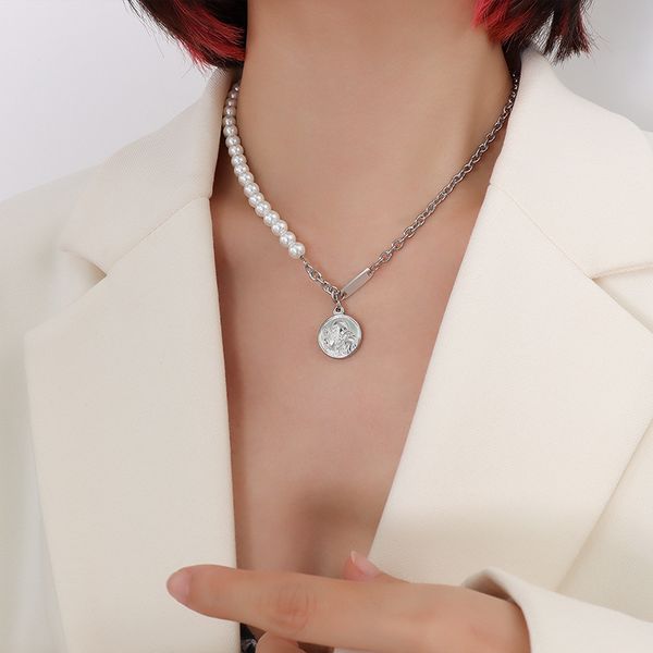 

france ins chocker pearl necklace face gold silver round pendant women jewelry chains 40+5cm p173