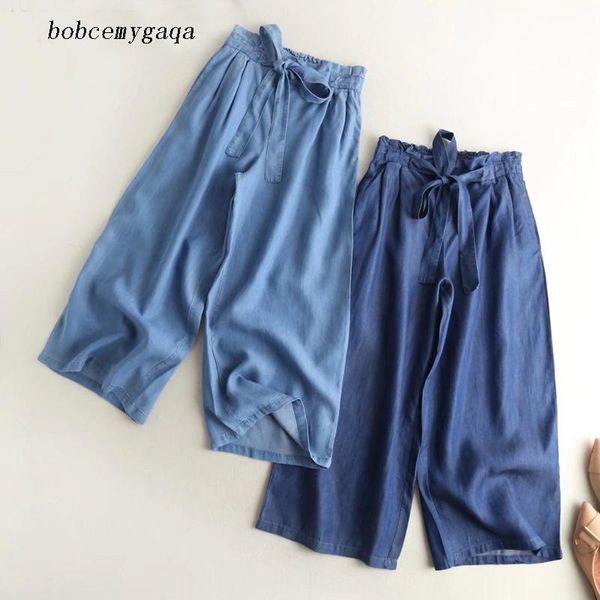 

women's pants & capris summer denim wide leg belt bow lace up loose palazzo high waist casual cotton blue jeans calf length, Black;white