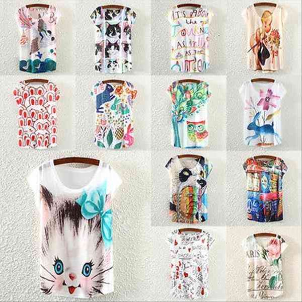 

short sleeve loose casual women blouses print animal plus size tee, White