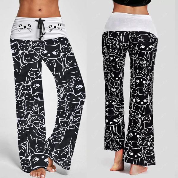 

women's pants & capris women casual fashion kawaii cute cat prints comfortable wide leg drawstring trousers loose home clothes cd, Black;white