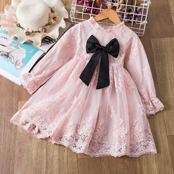 

children's autumn new girls' princess skirt long sleeve lace bow dress 3-8 years old sweet skirt, White
