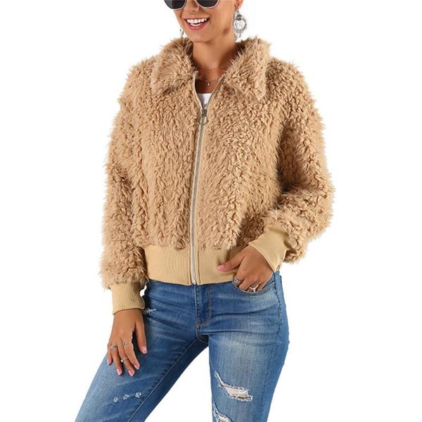 

women's jackets fashion faux fur short coat winter warm long sleeve lapel zip up shearling shaggy solid color ladies overcoats, Black;brown
