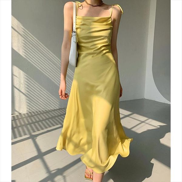 

elegant summer satin casual sleeveless women dress strap party soft solid color backless ladies slim dresses beach sundress, Black;gray
