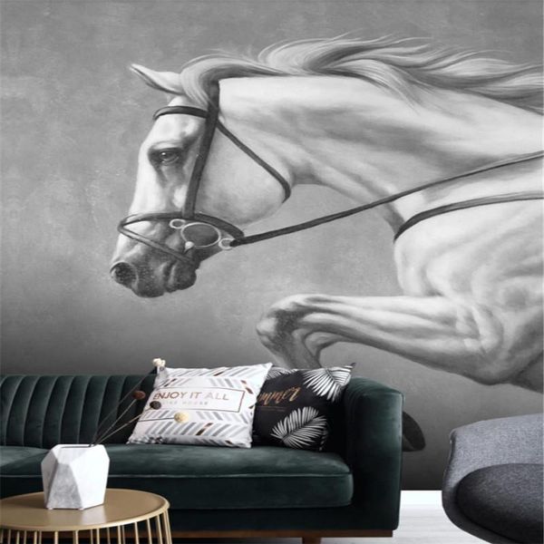

wallpapers european-style hand-painted oil painting horse galloping gray background wall decor mural wallpaper 3d papers home