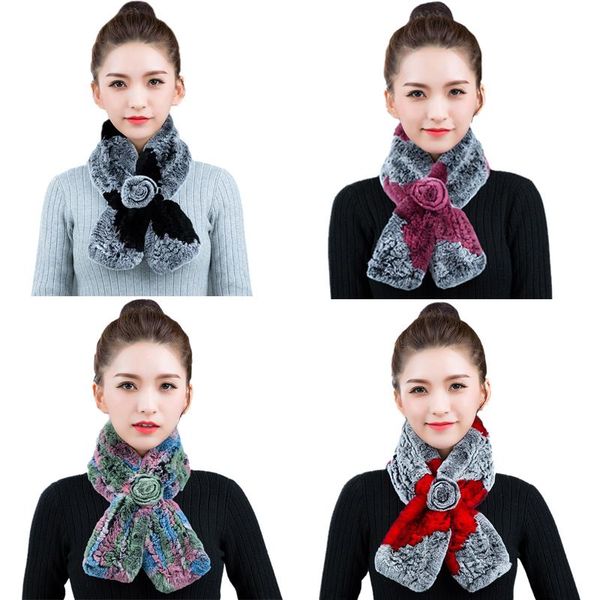 

scarves women winter fur scarf real rex neckerchief with rose handmade fluffy soft, Blue;gray