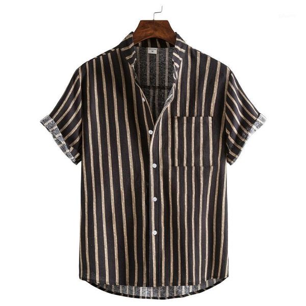 

men's casual shirts 2021 men striped shirt brand stand collar streetwear cotton and linen short sleeve button camisa hombre fashion 3x, White;black