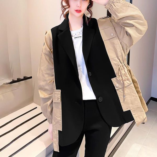 

women's suits & blazers [ewq] korea chic casual trend women lapel stitching contrast pockets loose fashion green long-sleeved blazer au, White;black