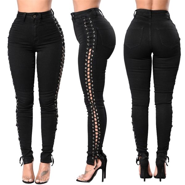 Streetwear lateral lace up jeans mulheres plus size mulher magro mulher alta cintura preta bandagem push denim lápis harajuku calças 210708