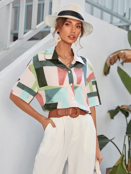 

colorblock button up blouse j5ol#, White