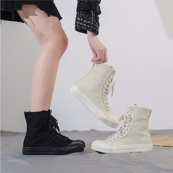 

boots spring and summer models with straps lengthened high-casual canvas womens shoes student board, Black