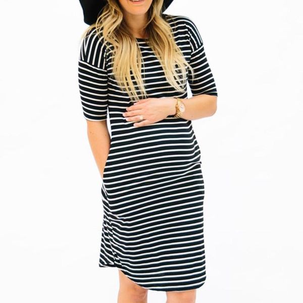 

maternity dresses fashion womens clothes pregnants o-neck stripe short sleeve comfortable daily nursing simple design dress, White