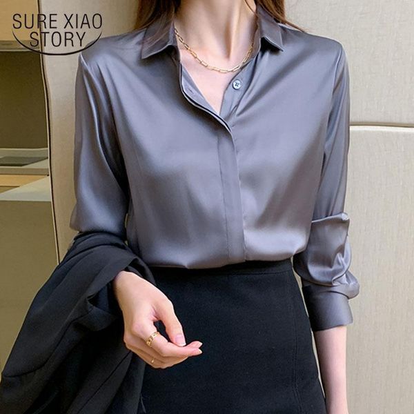 

women's blouses & shirts autumn fashion button up satin silk shirt vintage blouse women white lady long sleeves female loose street blu