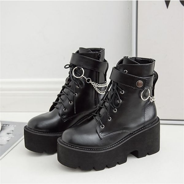 

metal chains chunky platform women's boots round toe martin ankle boots winter black punk goth boots for women wenshet